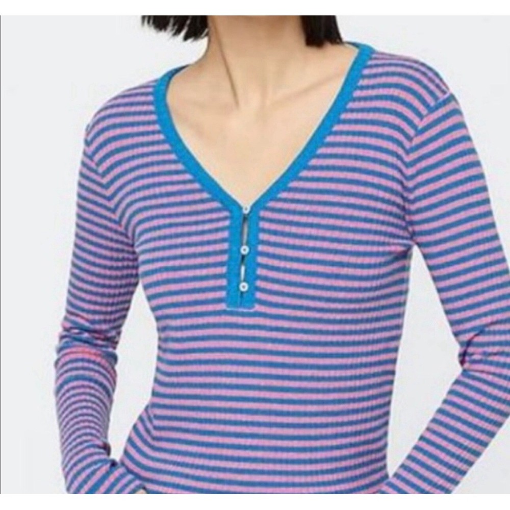 J Crew Ribbed Henley Striped Long Sleeve Womens XS Blue Pink V-Neck Stretch